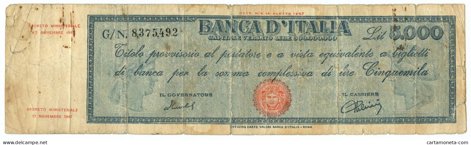 5000 LIRE FALSO D'EPOCA TITOLO PROVVISORIO MEDUSA REPUBBLICA 22/11/1949 MB+ - [ 8] Vals En Specimen