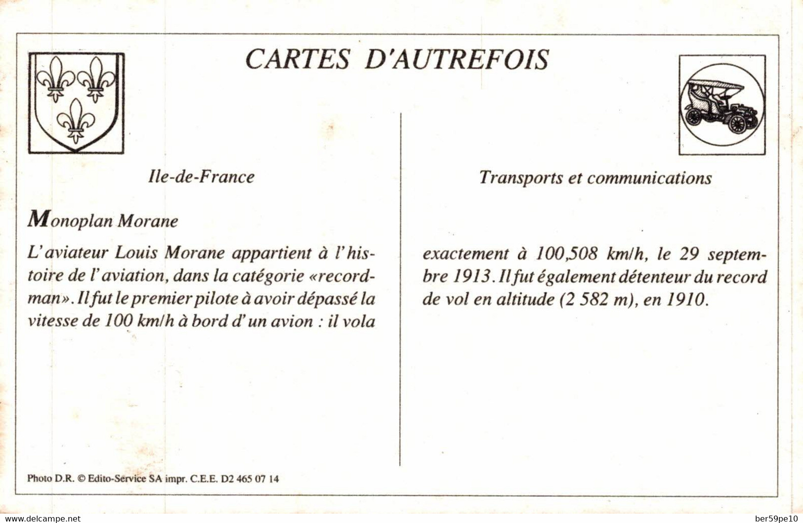 CARTE D'AUTREFOIS  TRANSPORTS ET COMMUNICATIONS  - ILE-DE-FRANCE  MONOPLAN MORANE - Ile-de-France