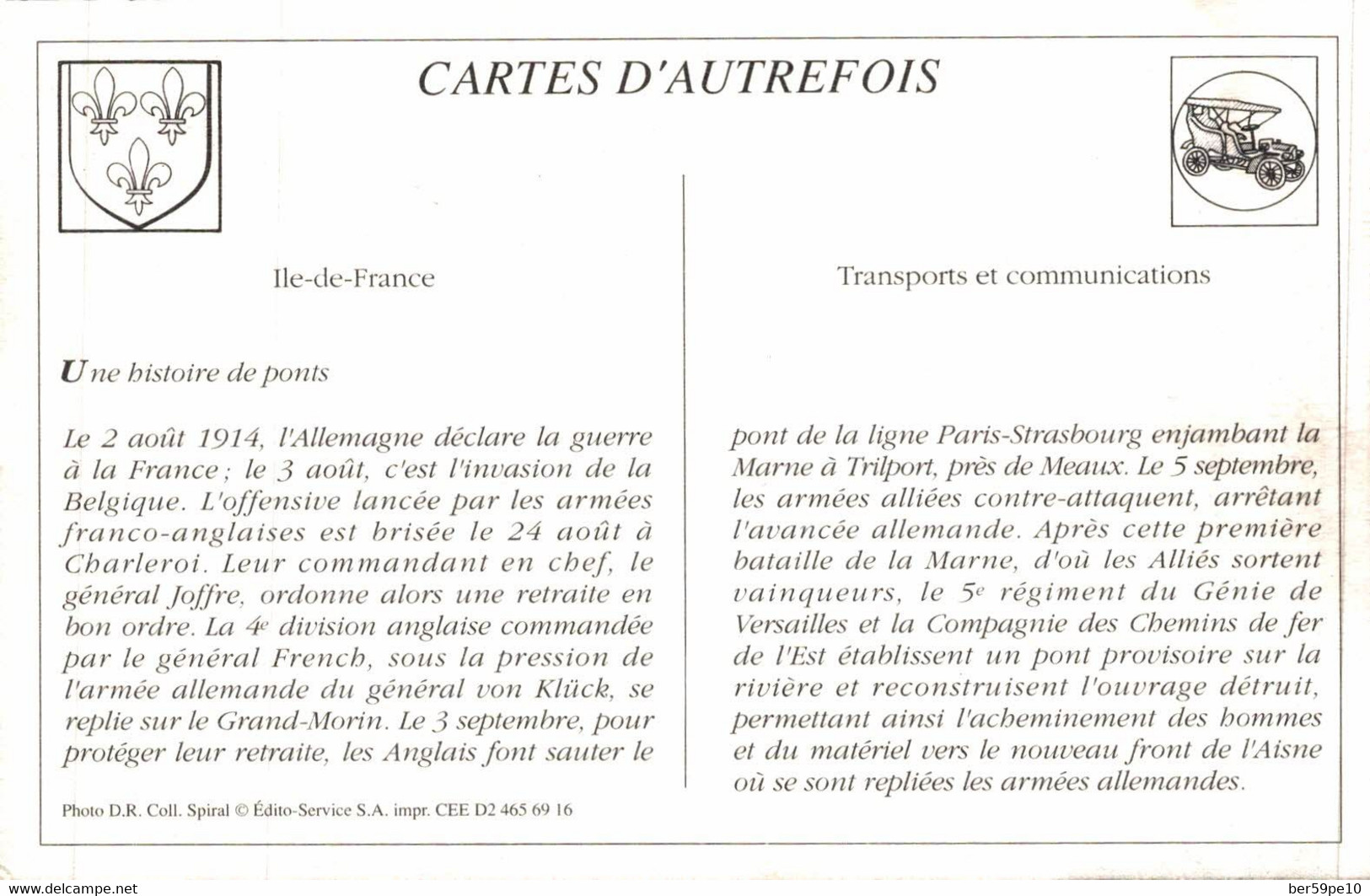 CARTE D'AUTREFOIS  TRANSPORTS ET COMMUNICATIONS  - ILE-DE-FRANCE  UNE HISTOIRE DE PONT - Ile-de-France