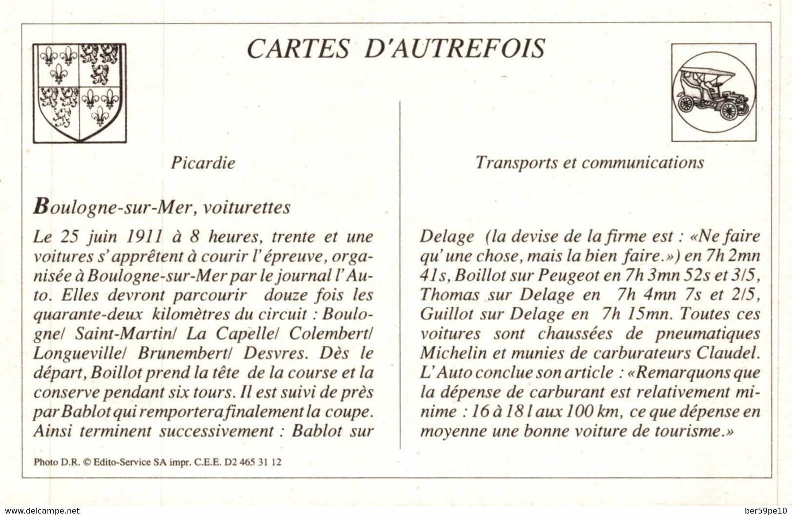CARTE D'AUTREFOIS  TRANSPORTS ET COMMUNICATIONS  - PICARDIE  BOULOGNE-SUR-MER VOITURETTES - Picardie