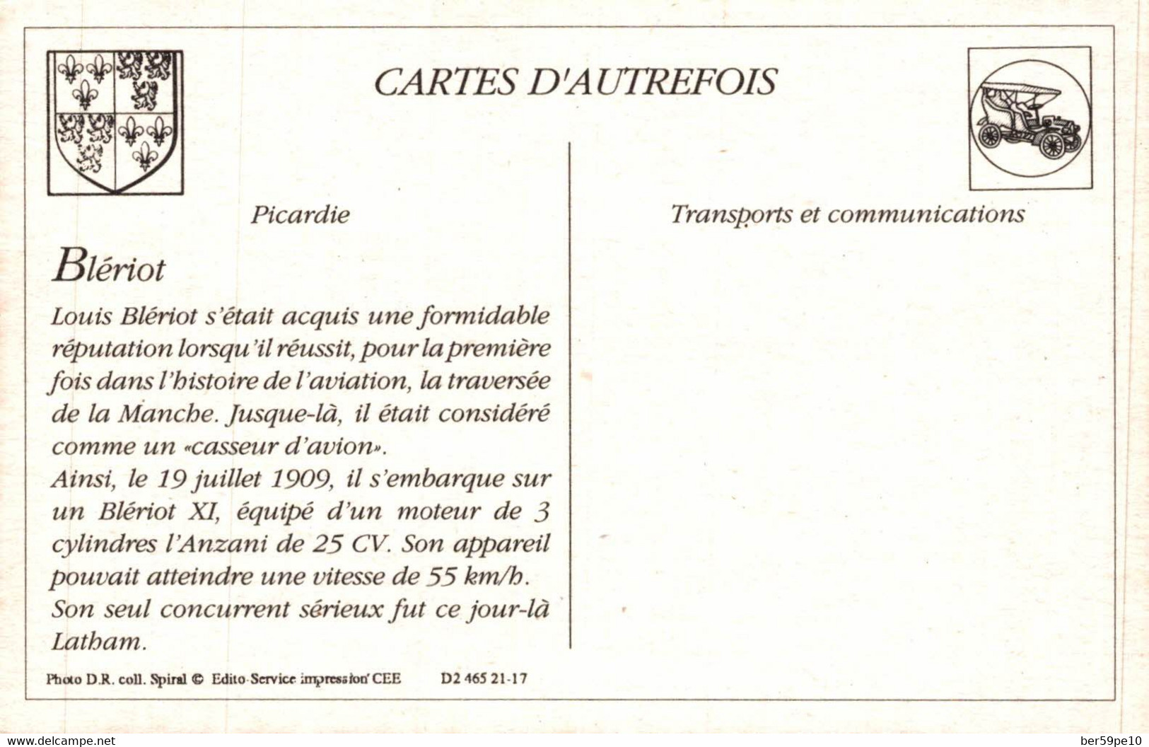 CARTE D'AUTREFOIS  TRANSPORTS ET COMMUNICATIONS  - PICARDIE  BLERIOT - Picardie