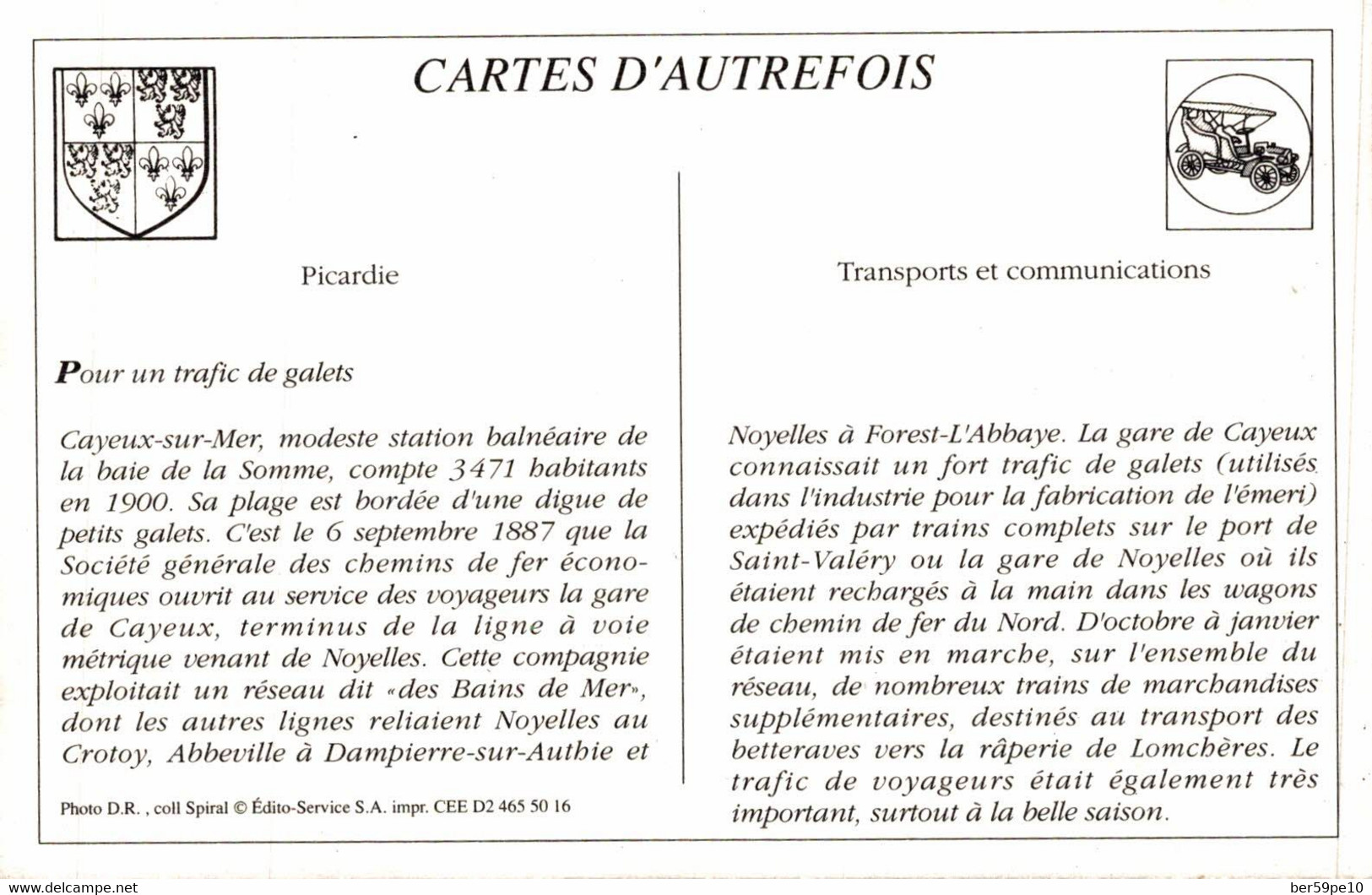 CARTE D'AUTREFOIS  TRANSPORTS ET COMMUNICATIONS  - PICARDIE POUR UN TRAFIC DE GALETS - Picardie