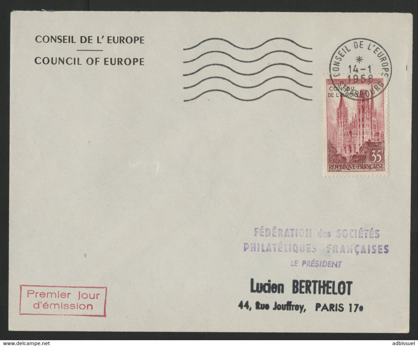 Enveloppe PREMIER JOUR Cote 24 € Avec N° 16 Timbre De Service "Conseil De L'Europe" Oblitéré. - 1950-1959