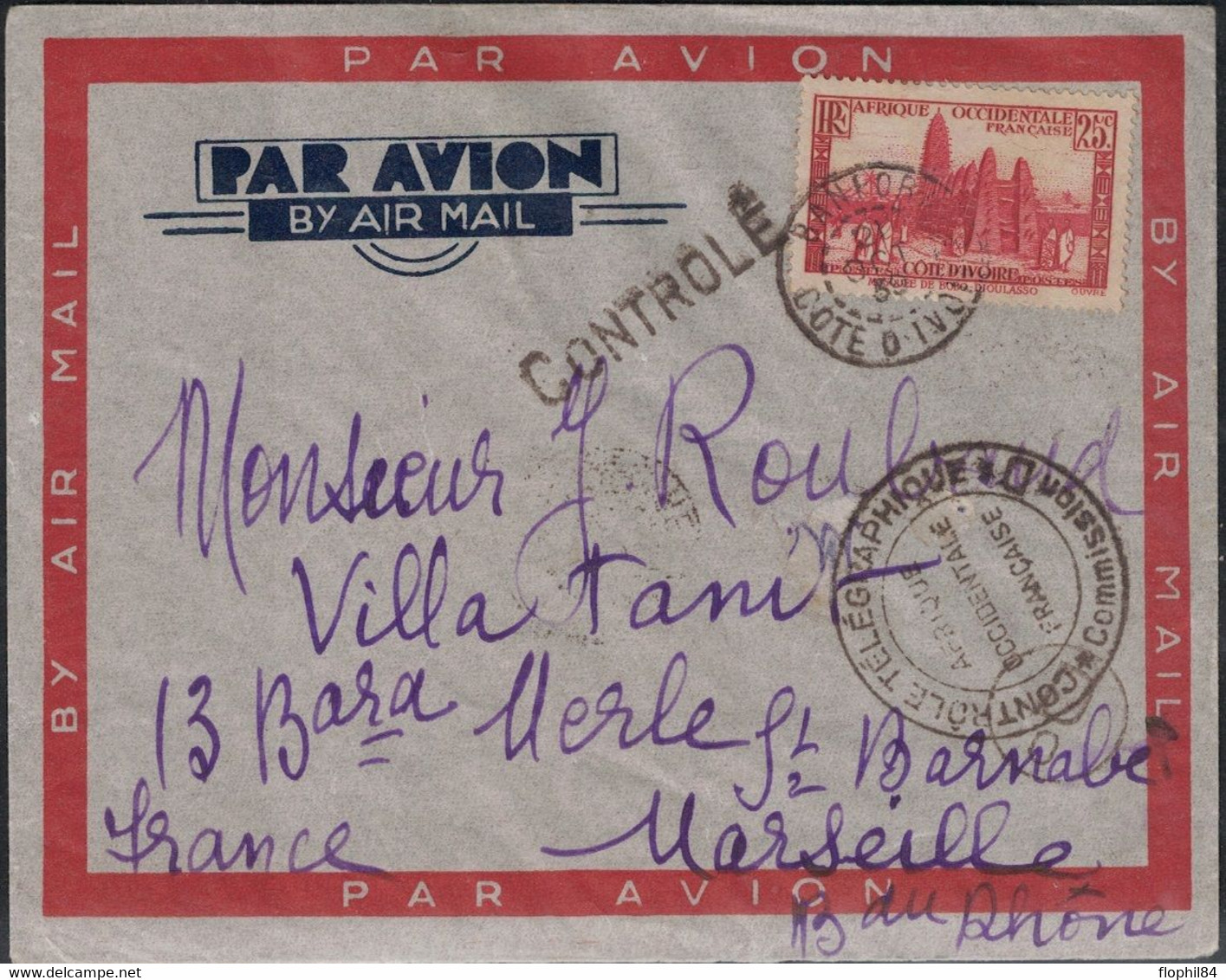 COTE D'IVOIRE - BANFORA - LE 21-10-1939 - CONTROLE TELEGRAPHIQUE * COMMISSION D * -  GRIFFE CONTROLE - AFRIQUE OCCIDENTA - Cartas & Documentos