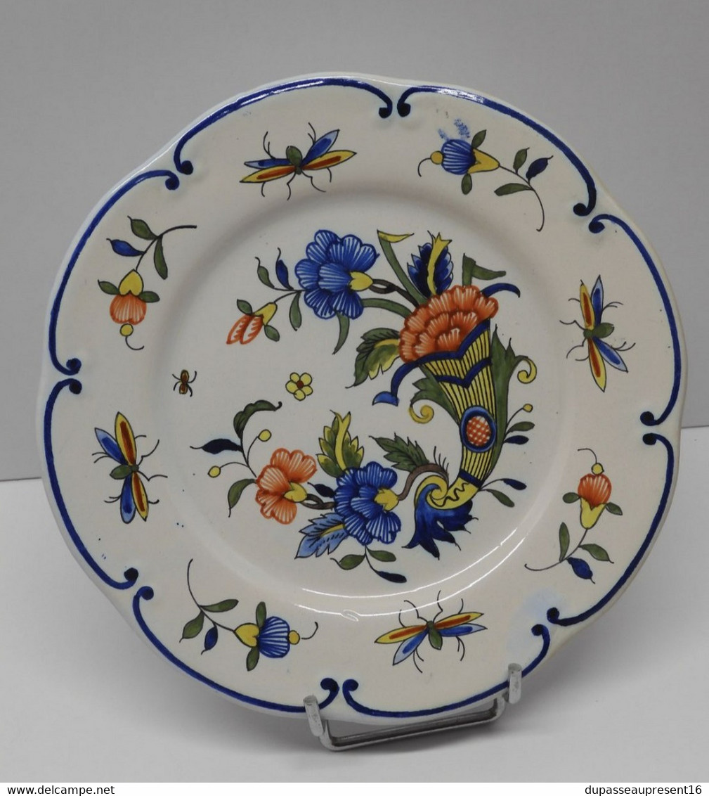 *BELLE ASSIETTE céramique CORNE D'ABONDANCE Bord Trait bleu décor ROUEN Main   E