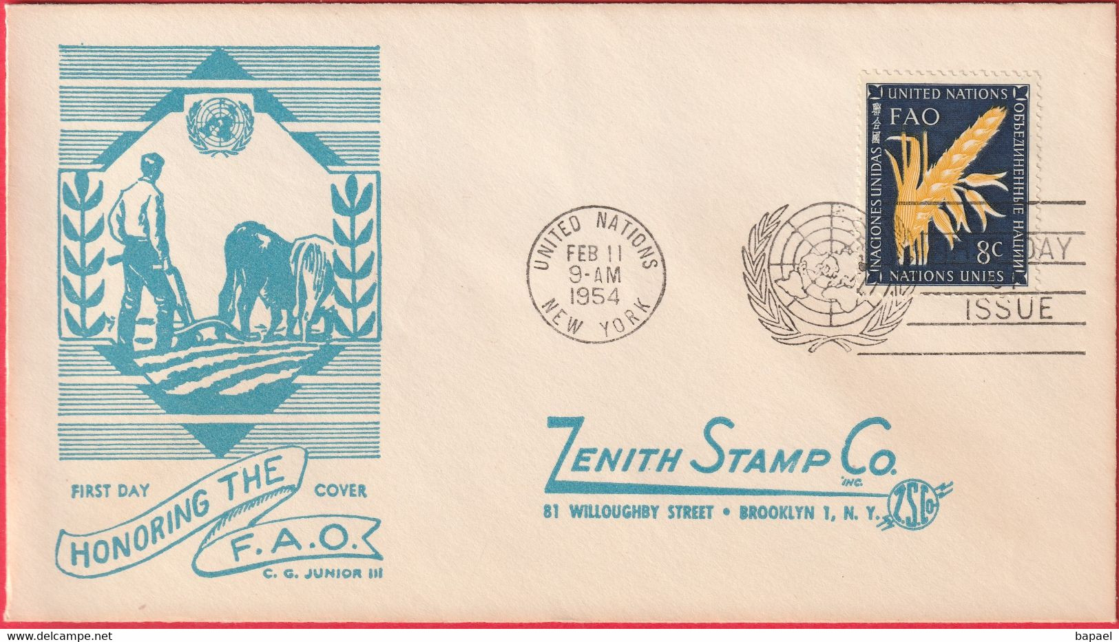 FDC - Enveloppe - Nations Unies - (New-York) (1954) - Honoring The F. A. O. (2) - Cartas & Documentos