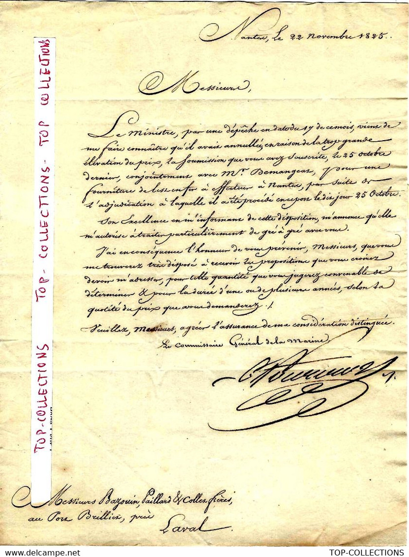 1825 Sign. Charles Marie Fourcroy De Guillerville Commissaire General Marine NANTES Fourcroy Fournitures Lest =>Forges P - Historical Documents