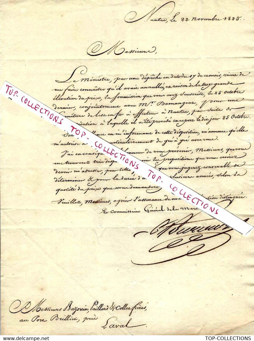 1825 Sign. Charles Marie Fourcroy De Guillerville Commissaire General Marine NANTES Fourcroy Fournitures Lest =>Forges P - Documenti Storici