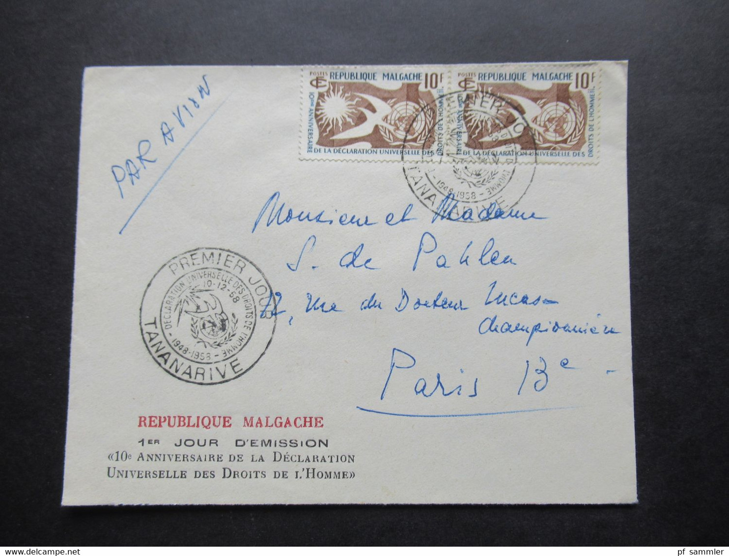 Frankreich Kolonie Madagaskar FDC 1958 Republique Malgache 10e Anniversaire De La Declaration Par Avion Nach Paris - Covers & Documents