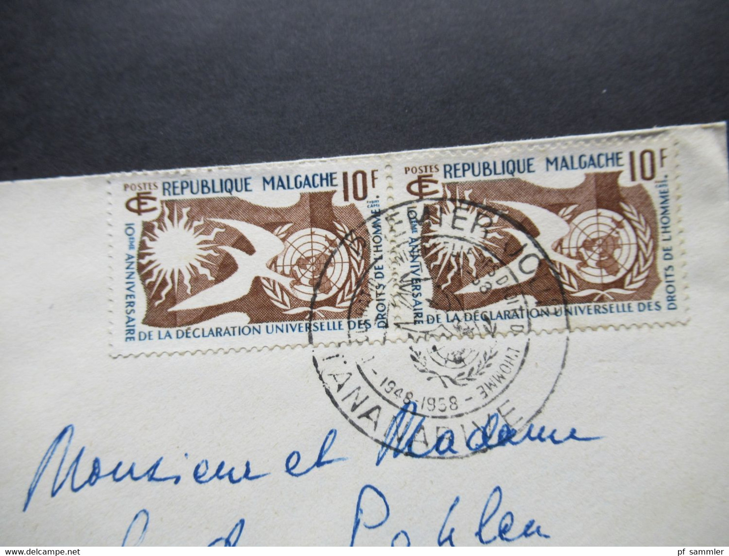 Frankreich Kolonie Madagaskar FDC 1958 Republique Malgache 10e Anniversaire De La Declaration Par Avion Nach Paris - Cartas & Documentos