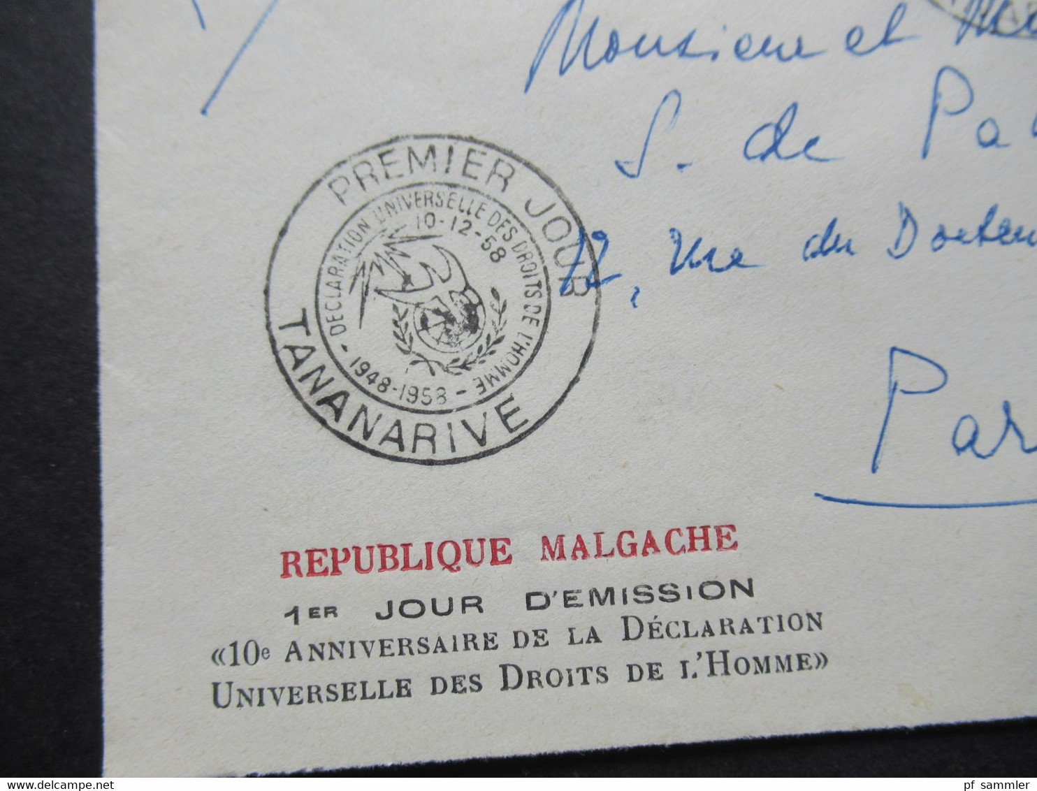 Frankreich Kolonie Madagaskar FDC 1958 Republique Malgache 10e Anniversaire De La Declaration Par Avion Nach Paris - Storia Postale