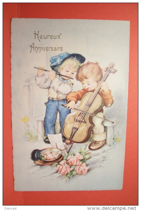 ENFANTS - HEUREUX  ANNIVERSAIRE - MUSICIENS - FLUTE  - VIOLONCELLE  - ( Roses ) - Kinder-Zeichnungen