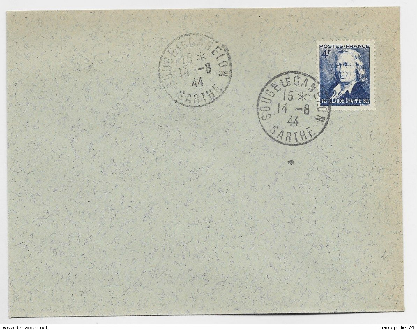 FRANCE CHAPPE 4FR LETTRE COVER SOUGE LE GANELON 14.8.1944 SARTHE 1ER JOUR DU TIMBRE - ....-1949