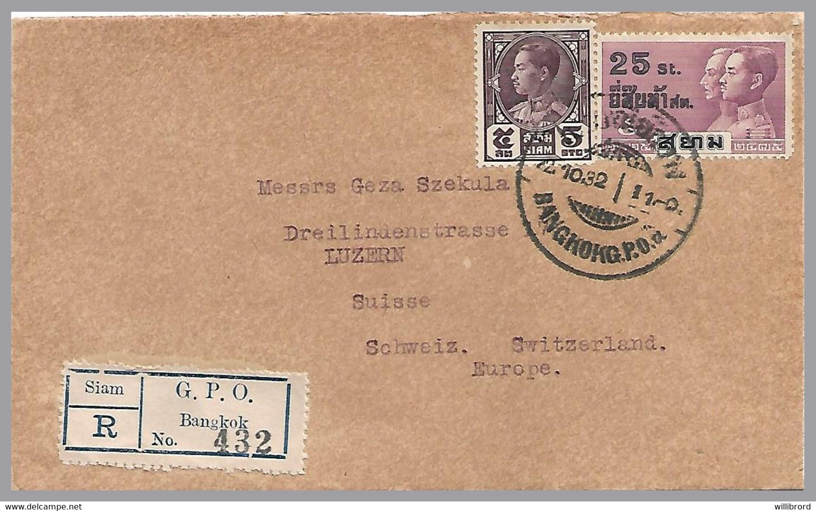 THAILAND SIAM - 1932 30s Chakri Mixed-franking Registered UPU Surface-rate Cover To SWITZERLAND - Thailand