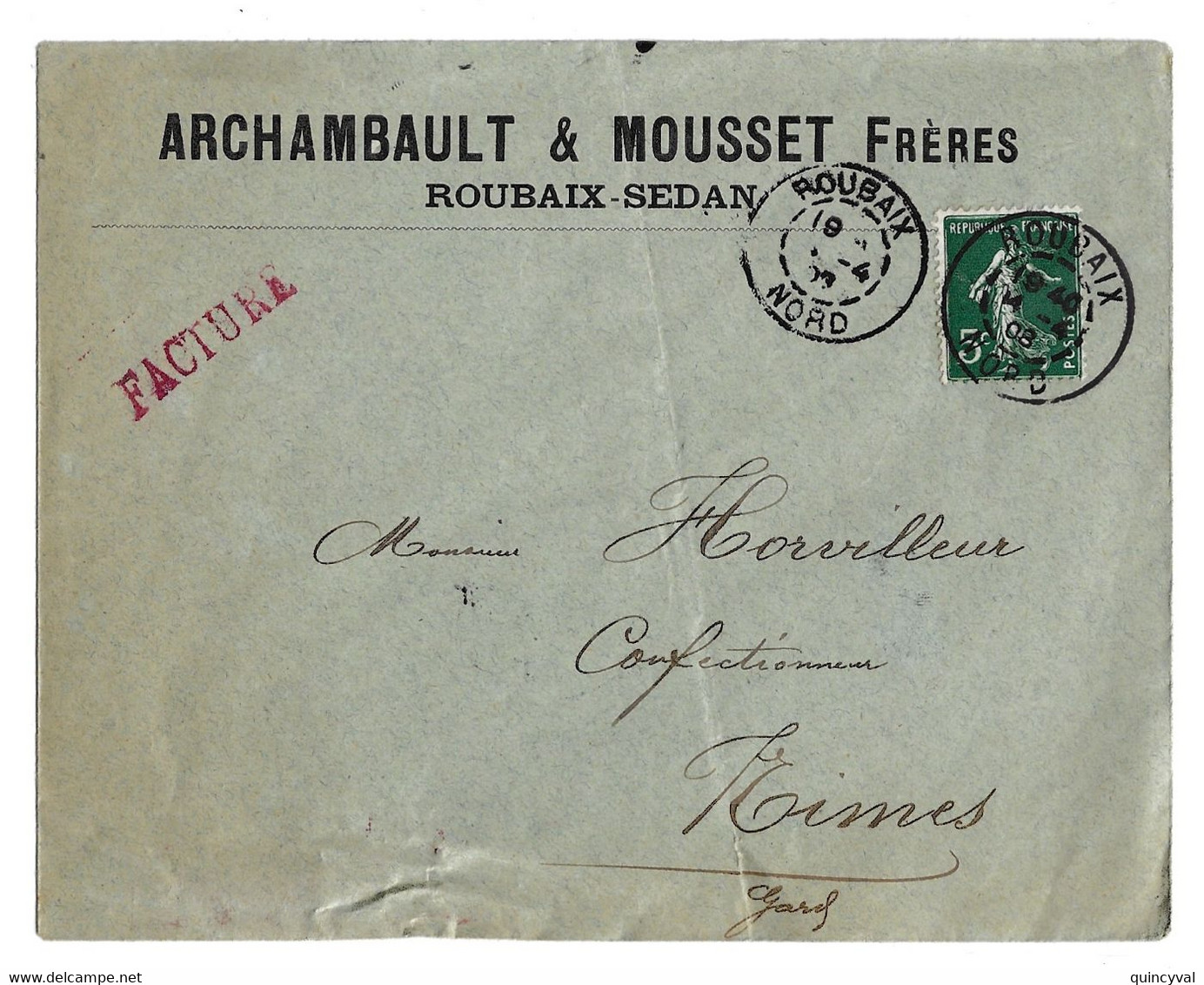 ROUBAIX Nord Imprimé Entête Archambault Mousset 5c Semeuse Verte Yv 137 Ob Daguin Jumelée 84 2 Types Différents 1908 - Mechanical Postmarks (Other)