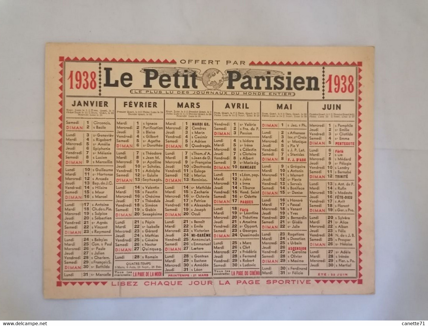 Calendrier 1938 - Le Petit Parisien- Le Plus Lu Des Journaux Du Monde Entier - Grand Format : 1921-40