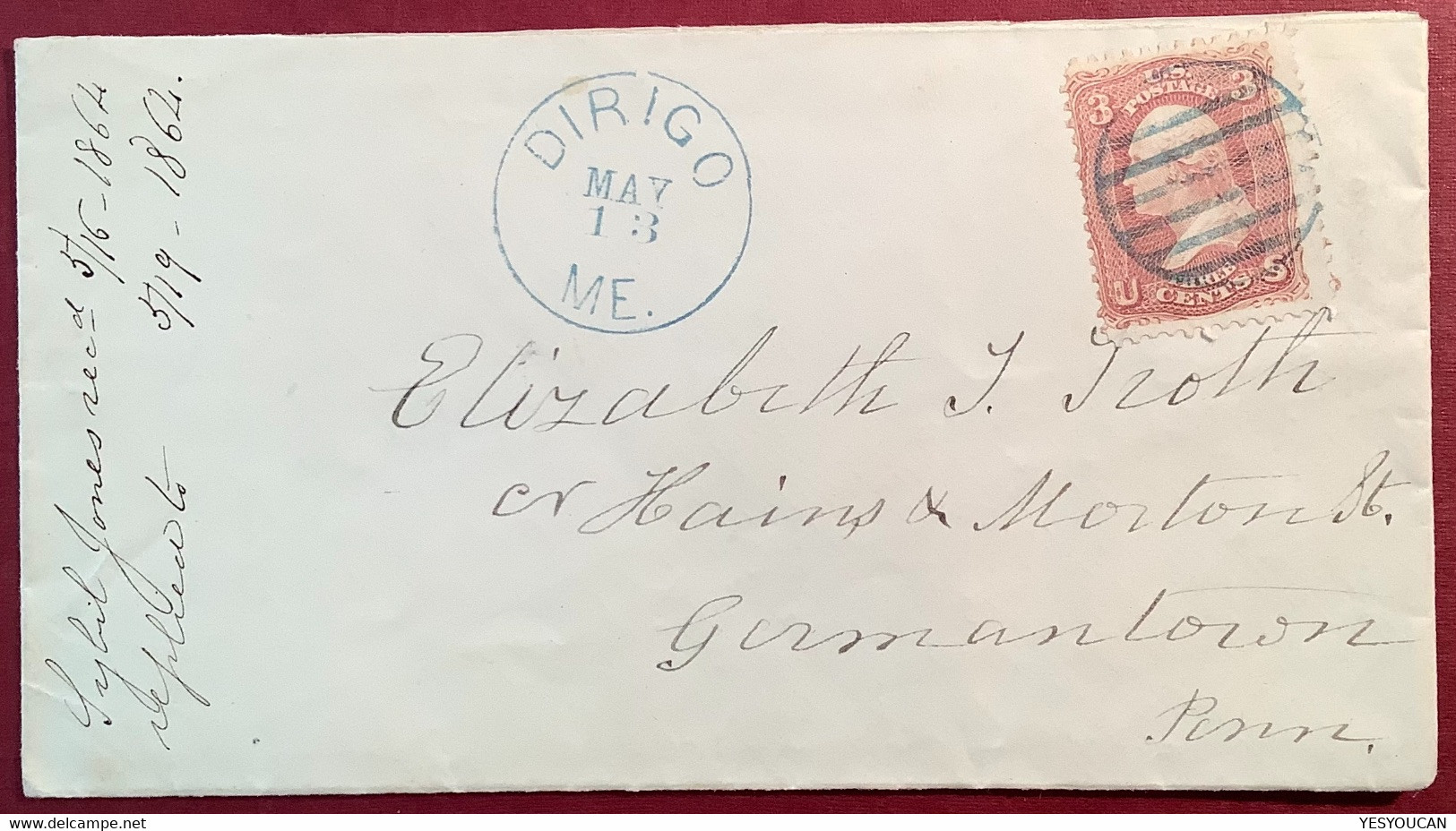 RARE MAINE DPO Pmk: DIRIGO ME In Blue On XF 1864 Cover>Germantown Penn. Franked 1861 3c Sc.65 (US USA Kennebec County - Briefe U. Dokumente