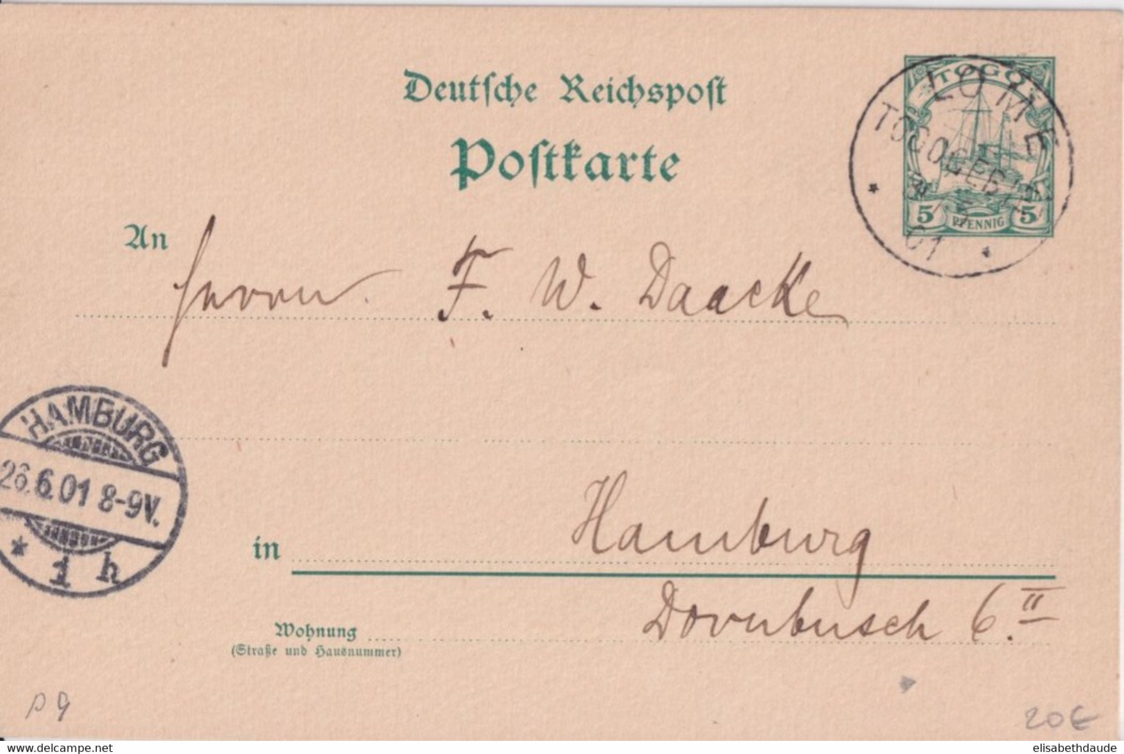 TOGO COLONIE ALLEMANDE - 1901 - CARTE ENTIER De LOME => HAMBURG (GERMANY) - Covers & Documents