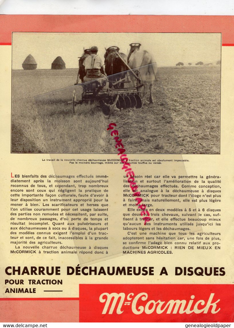 MC CORMICK - PUBLICITE CHARRUE DECHAUMEUSE A DISQUES POUR TRACTION ANIMALE -USINES A MONTATAIRE ET A CROIX NORD - Landwirtschaft