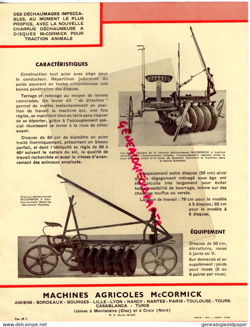 MC CORMICK - PUBLICITE CHARRUE DECHAUMEUSE A DISQUES POUR TRACTION ANIMALE -USINES A MONTATAIRE ET A CROIX NORD - Landwirtschaft