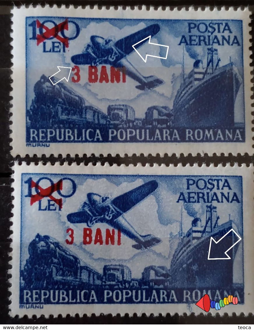 Stamps Errors Romania 1952 Mi 1364 Printed With Misplaced Surcharge 3bani, Vertical Line On Wing,FLY,airmail Unused - Variedades Y Curiosidades