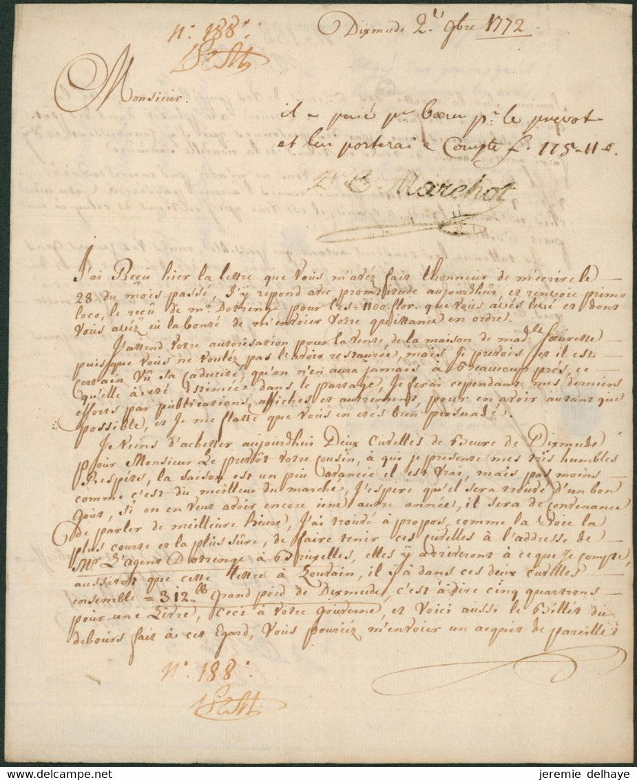 Précurseur - LAC Datée De Dixmude (1772, Signature) + Obl Linéaire Noir BRUGES, Port 4 Sous > Louvain, Chanoine - 1714-1794 (Paises Bajos Austriacos)