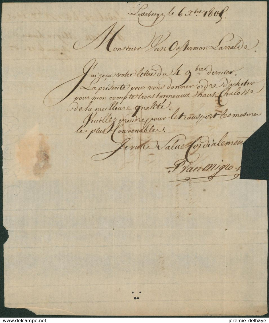 Précurseur - LAC Datée De Ledeberg (1805) + Obl Linéaire 92 / GAND > Négociant En Vin à Baygonne / Plume : VNH - 1794-1814 (Periodo Francese)