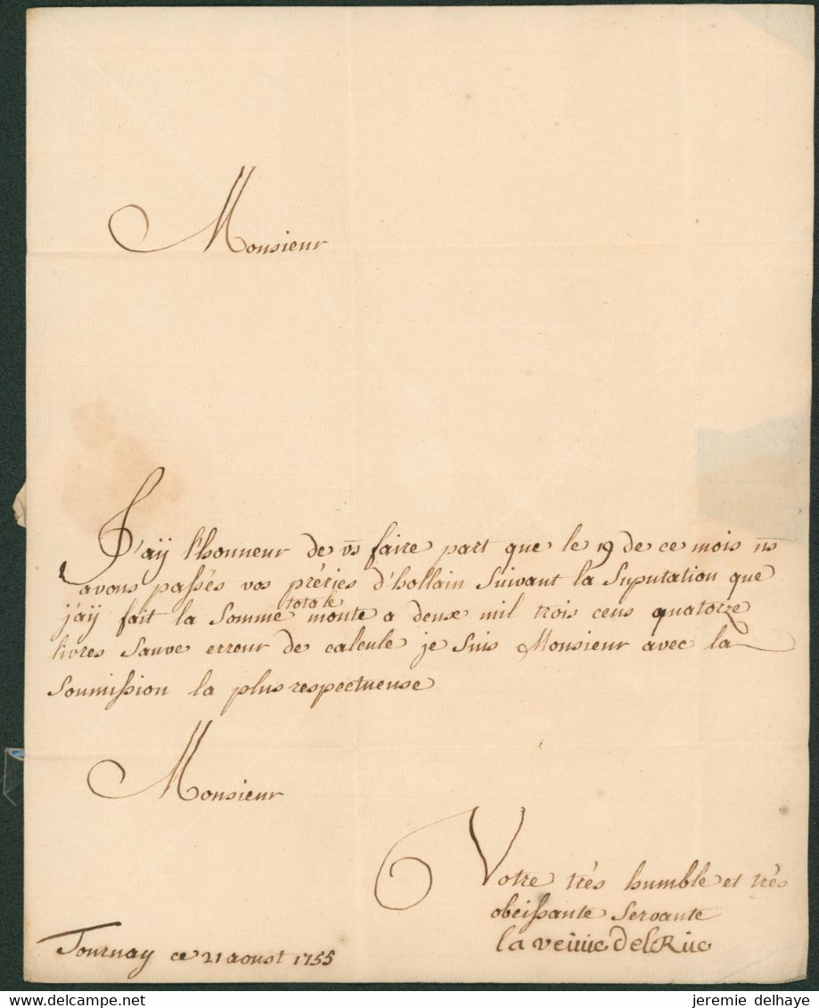 LAC Datée De Tournay (1755) + Obl Linéaire Noir TOURNAY > Abbaye De St-Pierre Lez Gand - 1714-1794 (Paises Bajos Austriacos)