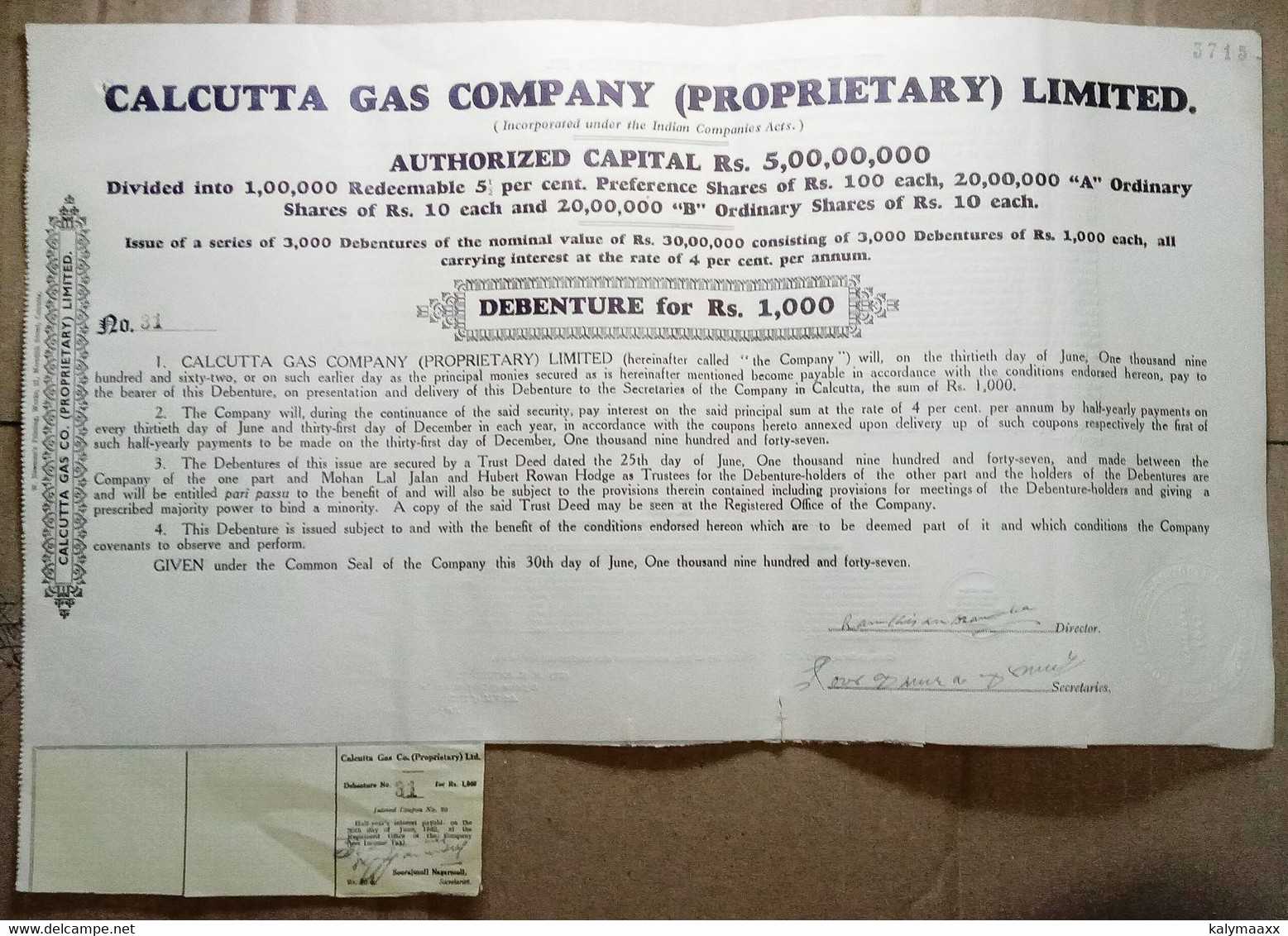 INDIA 1947 CALCUTTA GAS COMPANY (PROPRIETARY) LIMITED, DEBENTURE WITH INTEREST COUPON - Electricity & Gas
