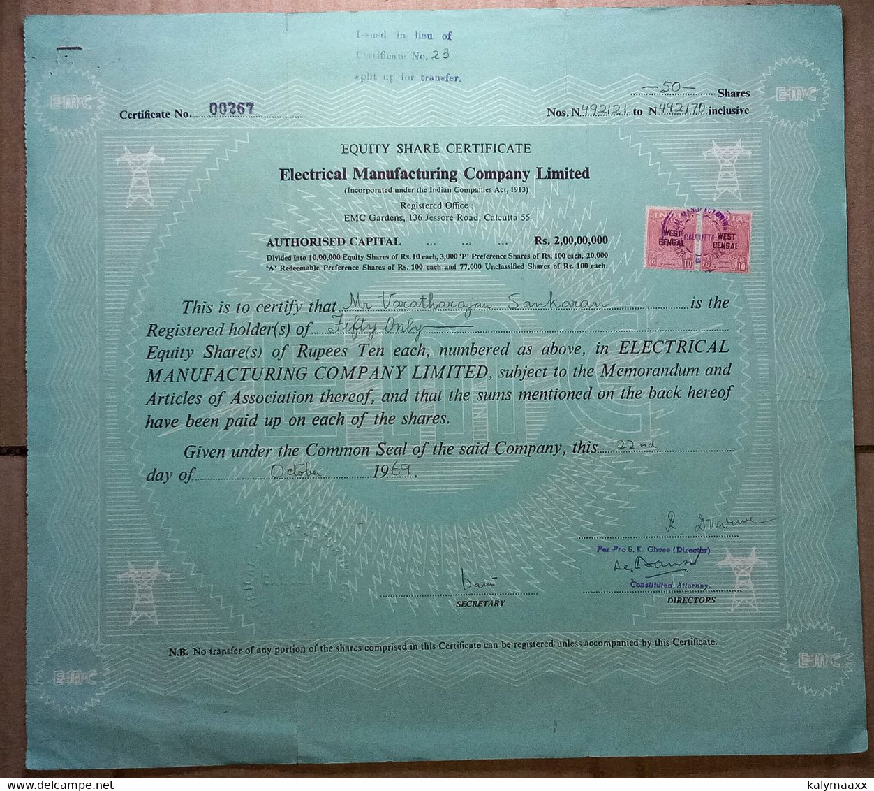 INDIA 1969 ELECTRICAL MANUFACTURING COMPANY LIMITED, SHARE CERTIFICATE - Electricity & Gas