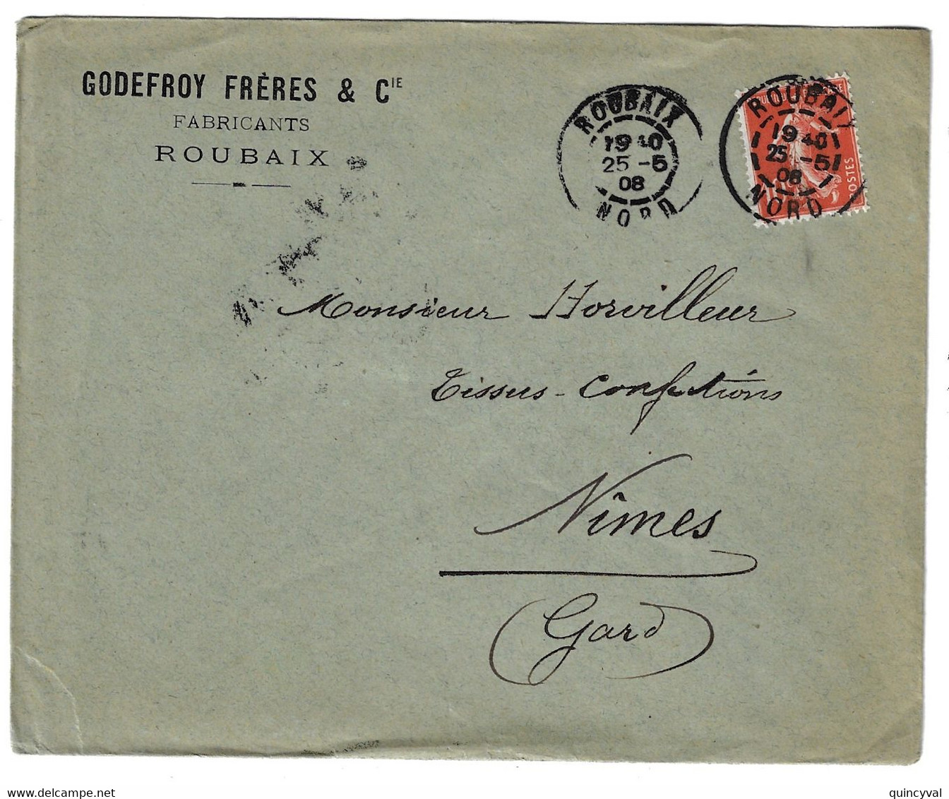 ROUBAIX Nord Lettre Entête Godefroy Frères 10 C Semeuse Rouge Yv 138 Ob Daguin Jumelée 84 2 Types Différents 1908 - Mechanical Postmarks (Other)