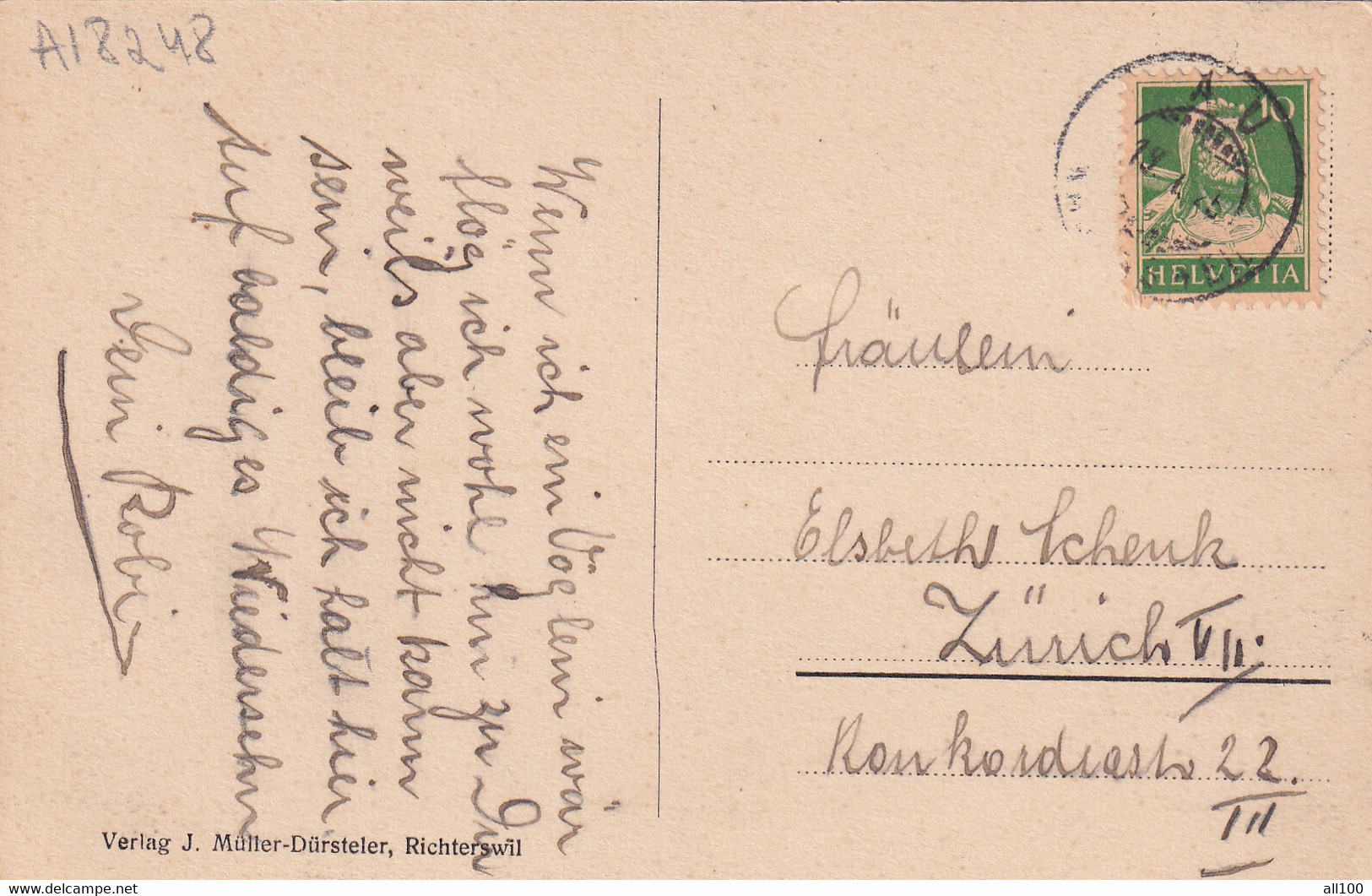 A18248 - RICHTERSWILL ZURICH VERLAG J. MULLER DURSTELER POST CARD USED 1925 STAMP HELVETIA SWITZERLAND SENT TO ZURICH - Richterswil