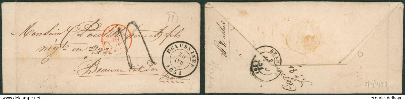 LAC Non Affranchie + Cachet Dateur Ecaussines (1851) Et Boite Rurale "H" > Ngct En Vin à Beaune - Poste Rurale