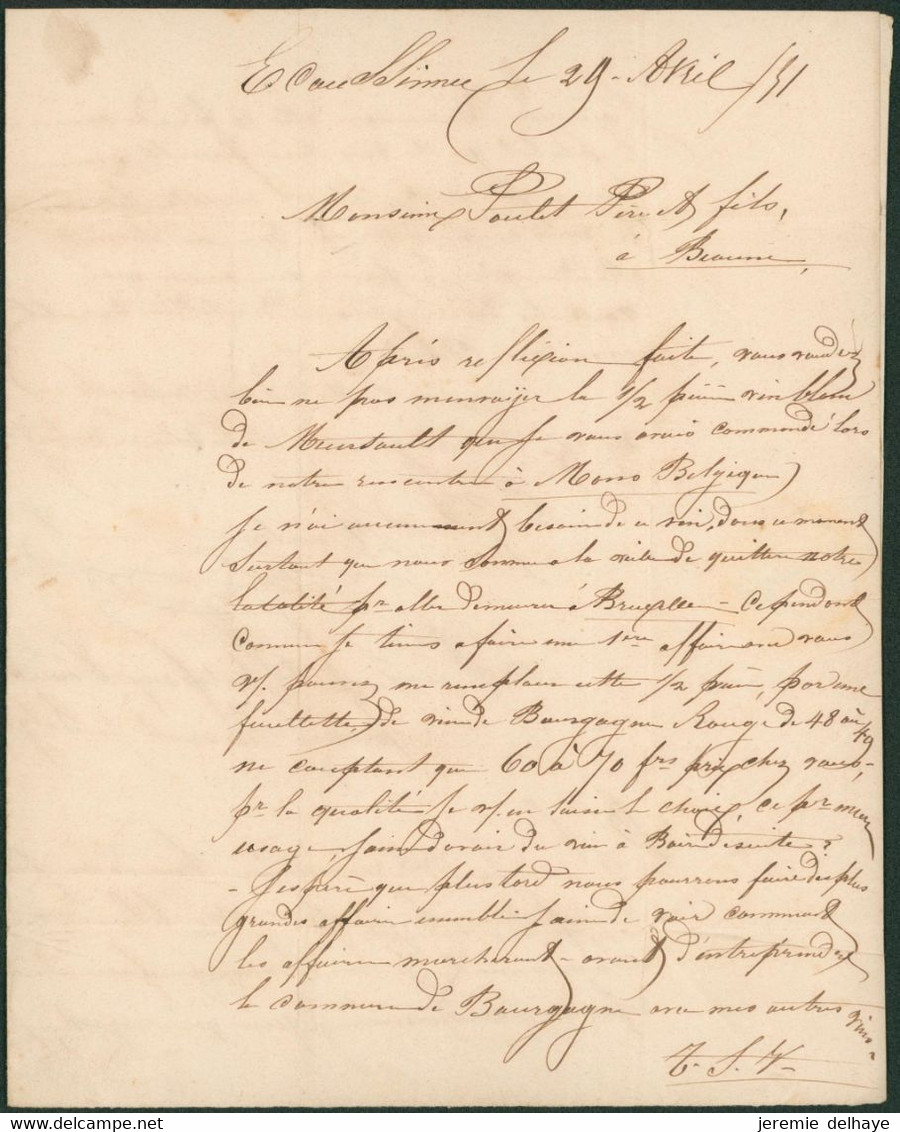 LAC Non Affranchie + Cachet Dateur Ecaussines (1851) Et Boite Rurale "H" > Ngct En Vin à Beaune - Correo Rural