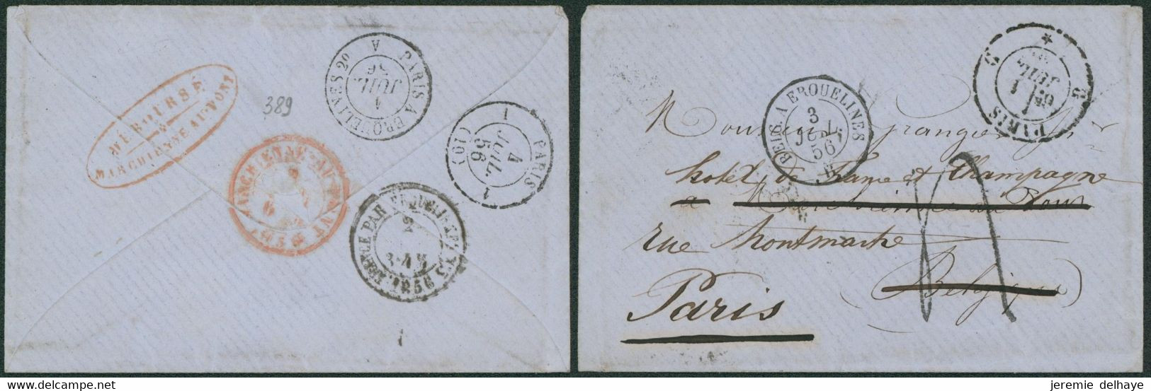 Env. Non Affranchie + Cachet Dateur Paris (1856), Port 4 Décimes > Marchienne-au-pont + DEBOURSE ! Retour Paris + Cachet - Poste Rurale