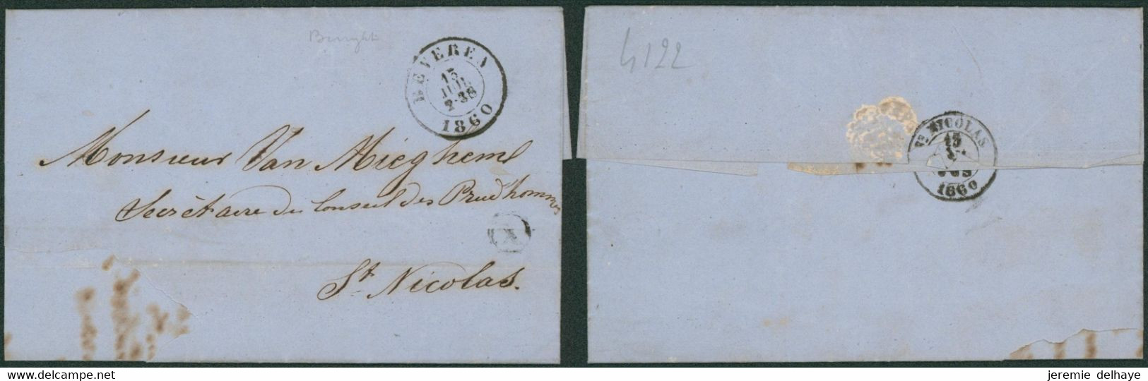 LAC Non Affranchie + Cachet Dateur Beveren(1860) + Boite Rurale "X" (Burght) > St-Nicolas - Poste Rurale