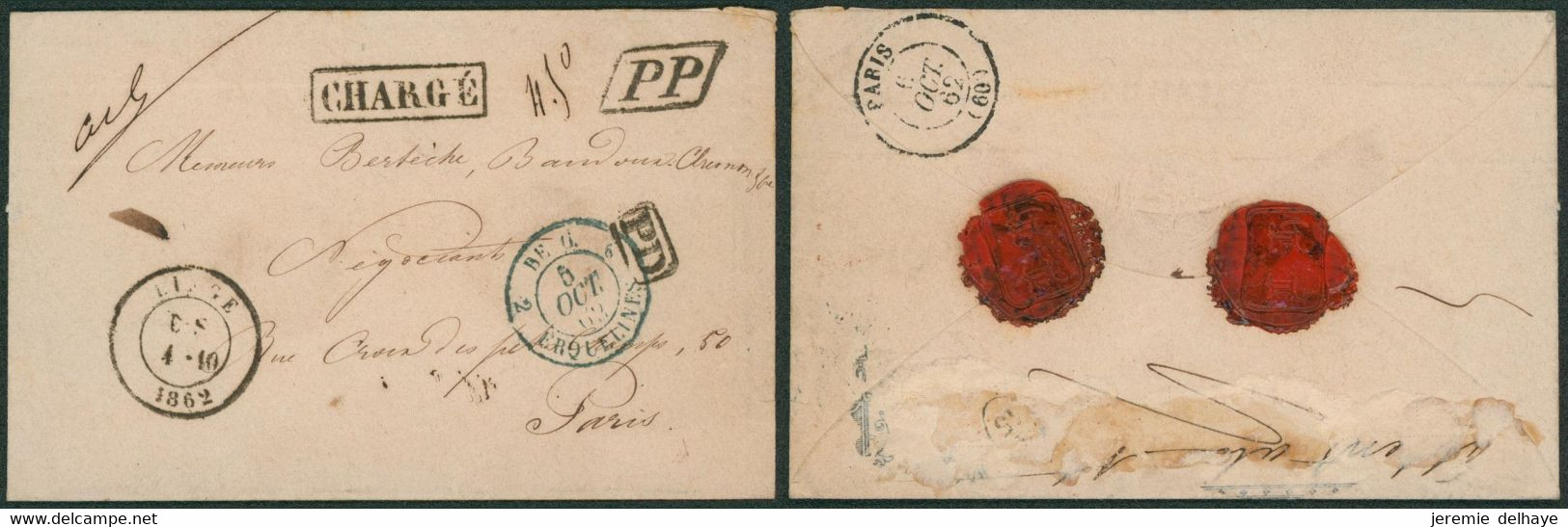 Env. Non Affranchie + Cachet Dateur Liège (1862) + Griffe CHARGE En PP > Paris + Passage "Belg. 2. Erquelinnes" - Landelijks Post