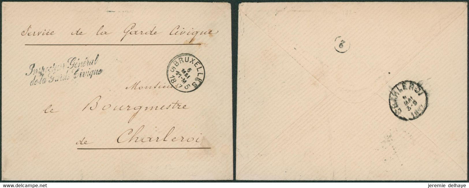 Enveloppe "Service De La Garde Civique" (Bruxelles 1887) + Griffe Bleu "Instructeur Général..." > Charleroi - Portofreiheit
