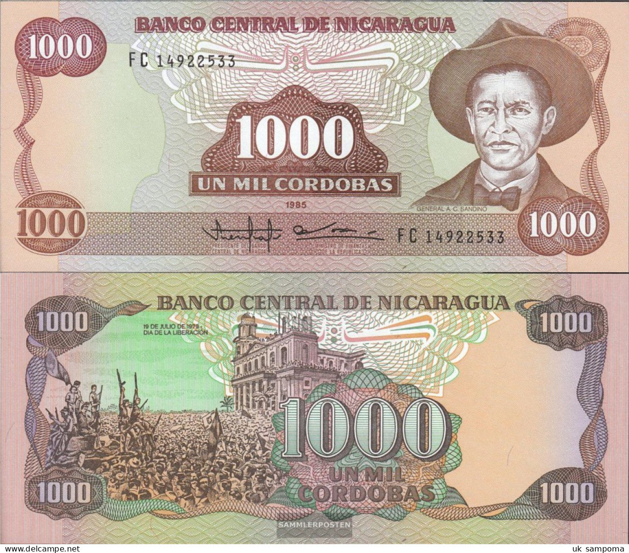 Nicaragua Pick-number: 156b Uncirculated 1985 1.000 Córdobas - Nicaragua