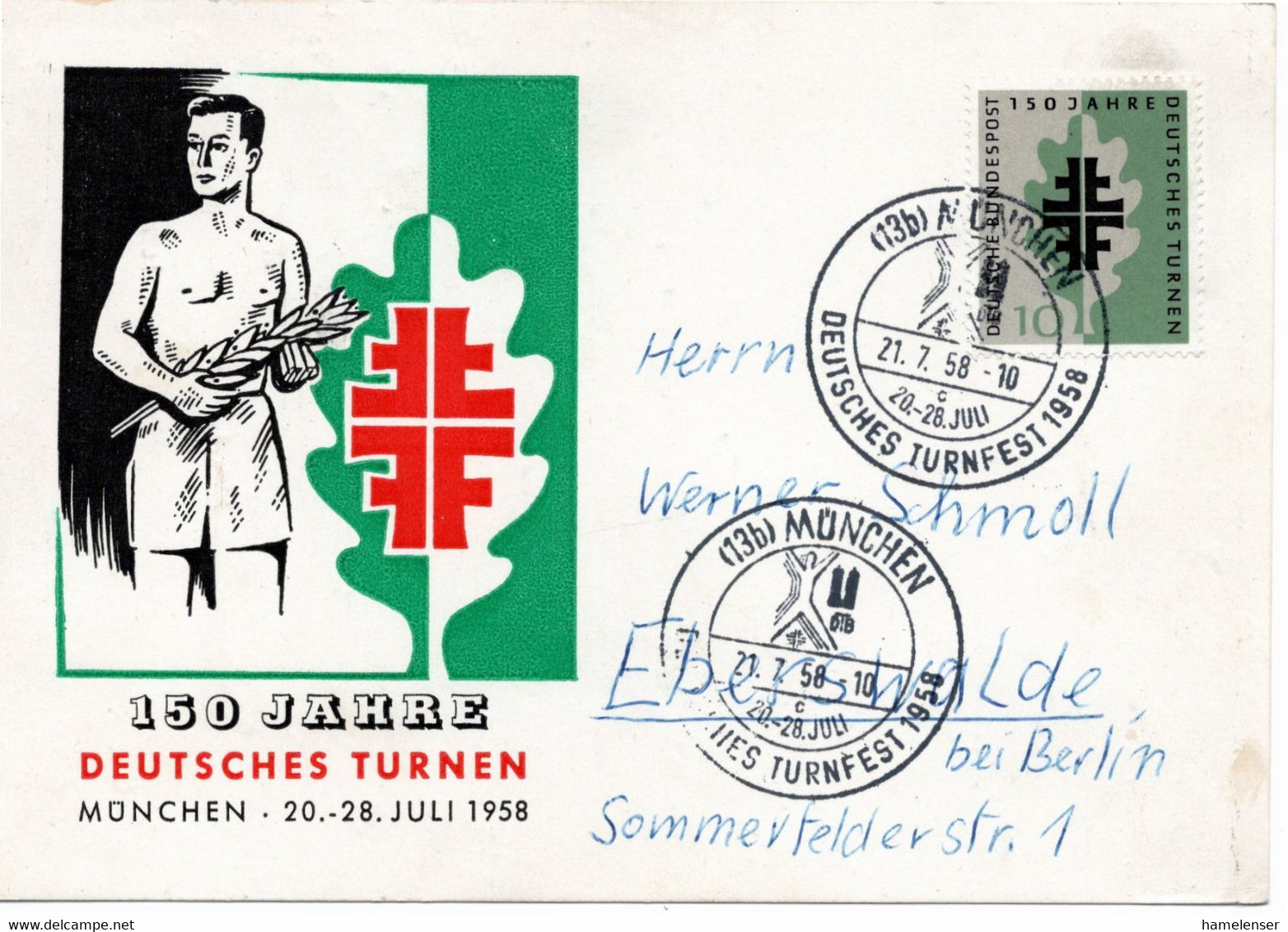 54682 - Bund - 1958 - 10Pfg 150 Jahre Turnen A Kte SoStpl MUENCHEN - DEUTSCHES TURNFEST 1958 -> DDR - Ginnastica