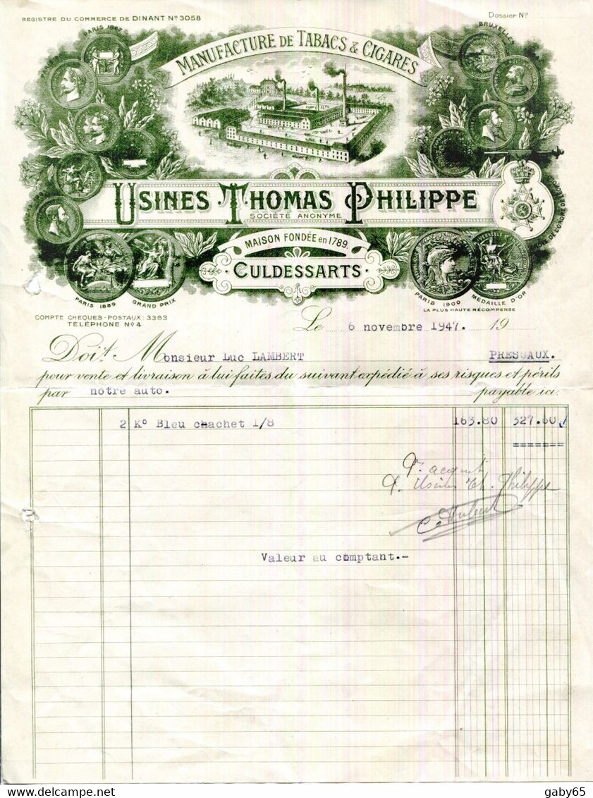 FACTURE.MANUFACTURE DE TABACS ET CIGARES.USINES THOMAS PHILIPPE BELGIQUE. - Documenti