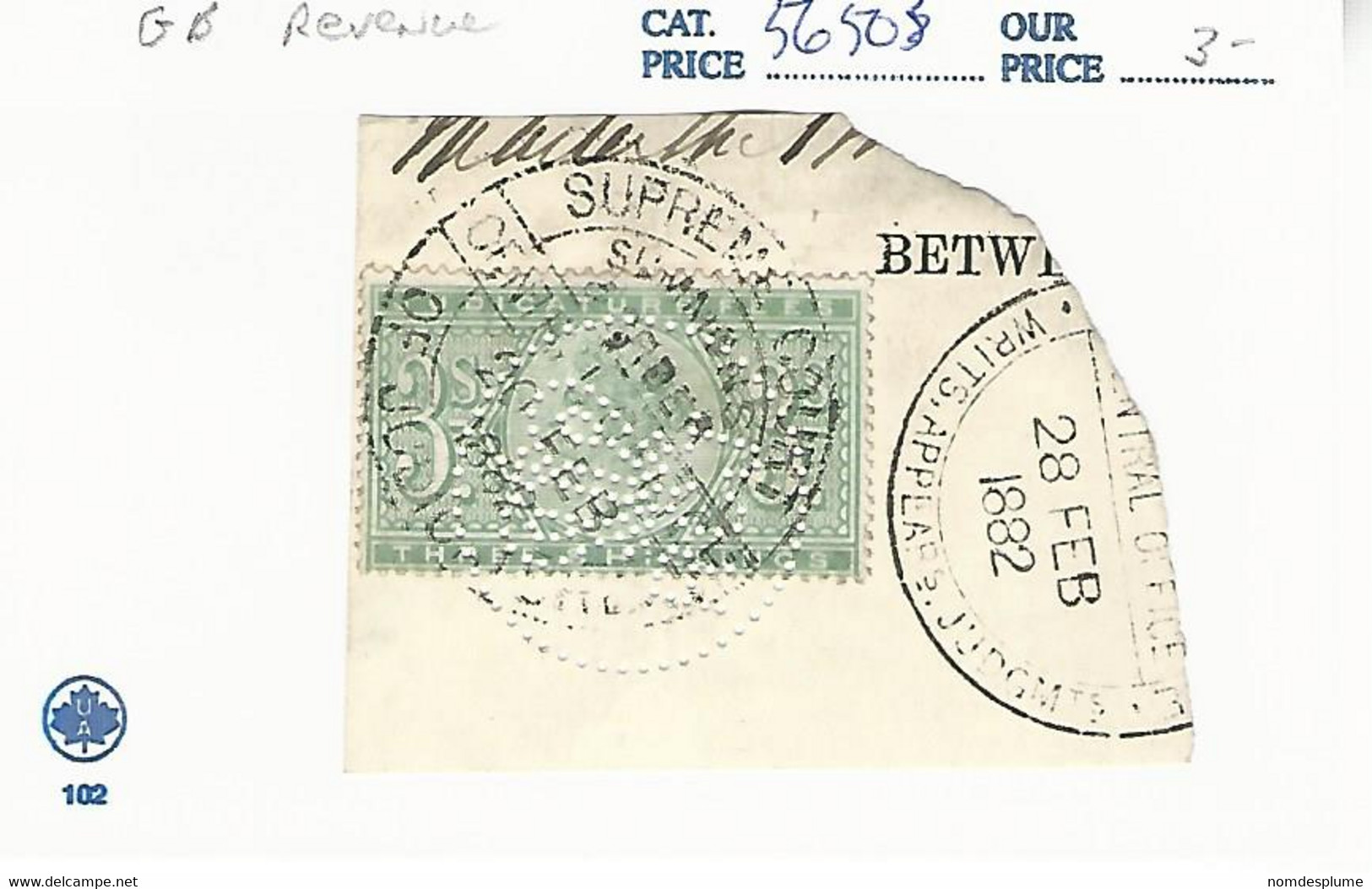 56503 ) Great Britain Revenue 1882 Postmark Cancel - Revenue Stamps