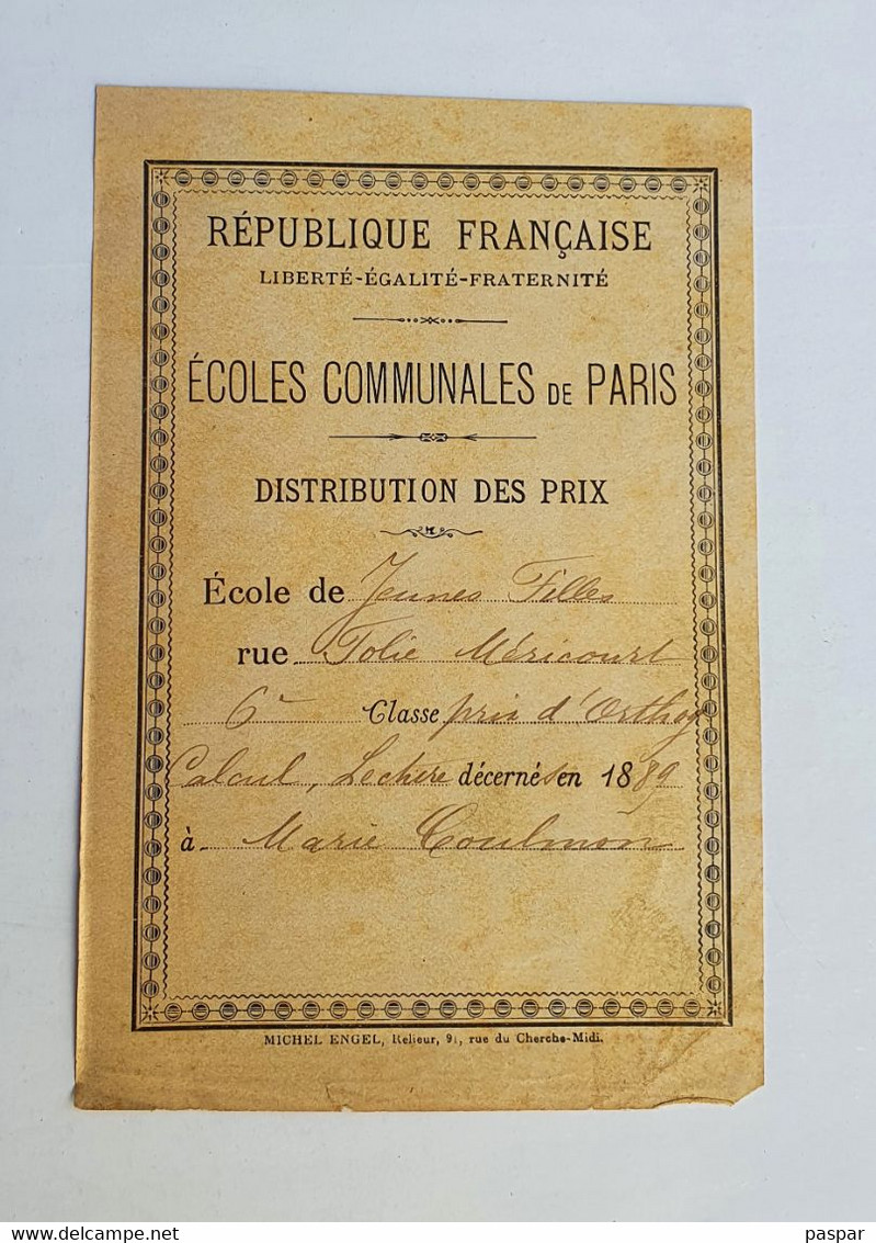 Papillon Distribution Des Prix Ecoles Communales Paris Jeunes Filles Rue Folie Méricourt 1889 Marie Coulmon Michel Engel - Diploma & School Reports