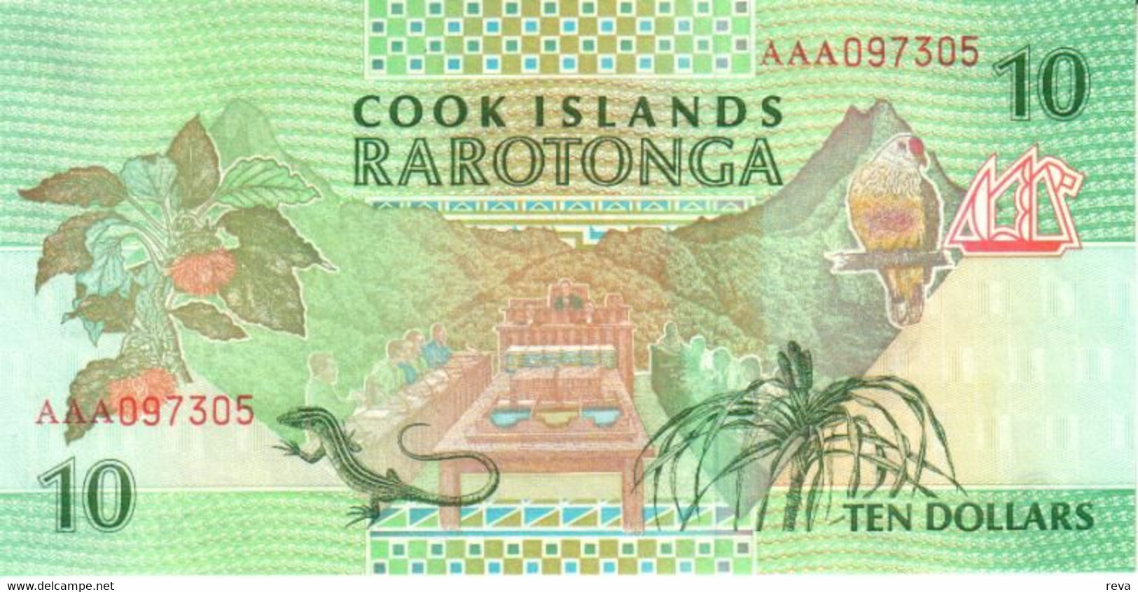 COOK ISLANDS $10 RARATONGA GREEN WOMAN CHILD FRONT BIRD FLOWERS  BACK ND(1992) P.8 UNC  READ DESCRIPTION !! - Islas Cook