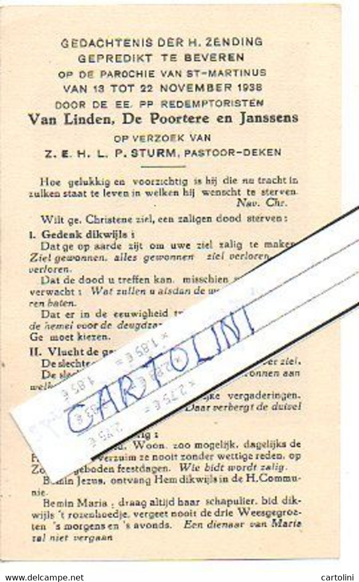 Beveren-Waas Missie 1938 Devotie Bidprentje Prentje  Pastoor Deken Sturm - Beveren-Waas