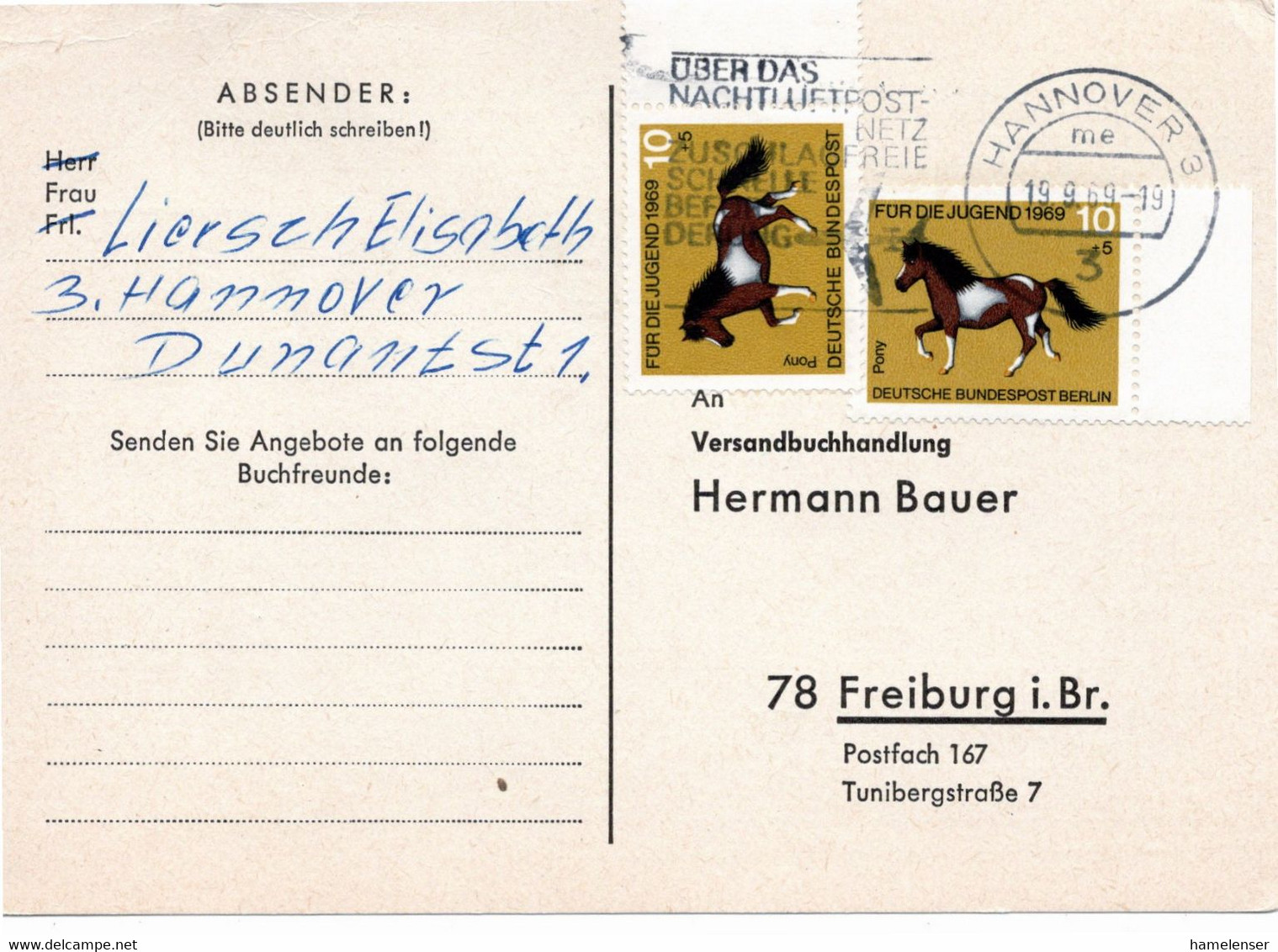 54685 - Bund - 1969 - 10Pfg Jugend '69 MiF A Kte HANNOVER - ... NACHTLUFTPOSTNETZ ... -> Freiburg - Chevaux