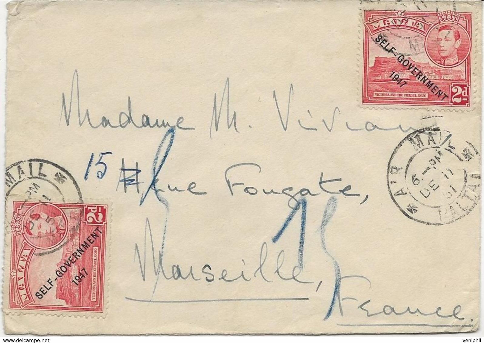 MALTE - LETTRE AFFRANCHIE N° 205  X 2  - ANNEE 1951 - Malta