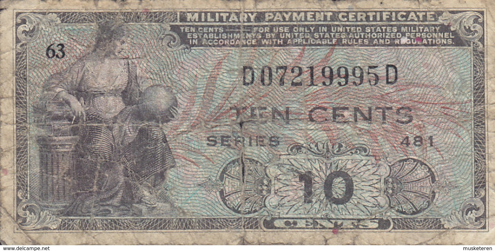 United States Of America - 10 CENTS Military Payment Certificate 1951-54 Series 481 D 07219995 D (2 Scans) - 1951-1954 - Series 481