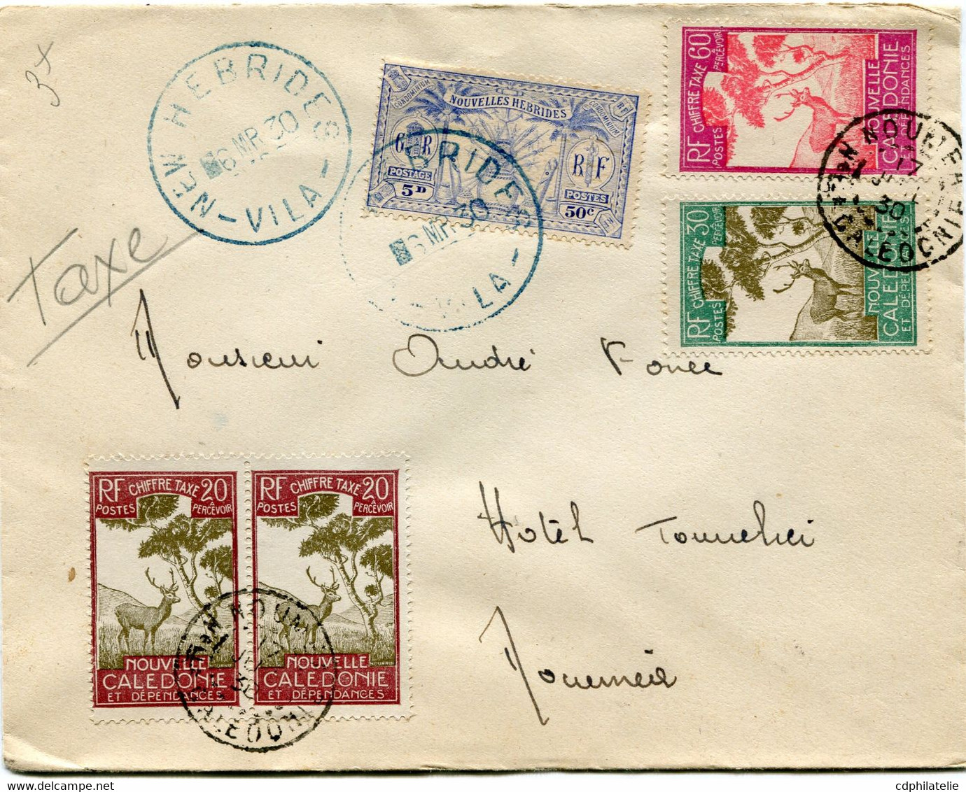 NOUVELLES-HEBRIDES LETTRE DEPART NEW HEBRIDES 6 MR 30 VILA TAXEE  A NOUMEA LE 17 JUIL 30 Nelle CALEDONIE (RARE) - Lettres & Documents