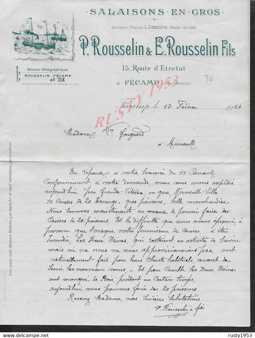 LETTRE COMMERCIALE DE 1924 NAVIGATION MARITIME NAVIRE DE PÊCHE P ROUSSELIN & E R FILS SALAISONS EN GROS À FÉCAMP : - Lebensmittel